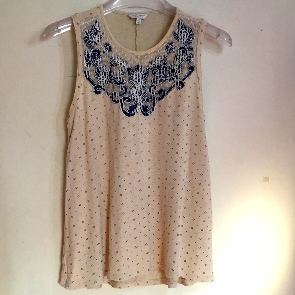 Lucky Brand Sleeveless Cream Blouse with Blue Embroidery
